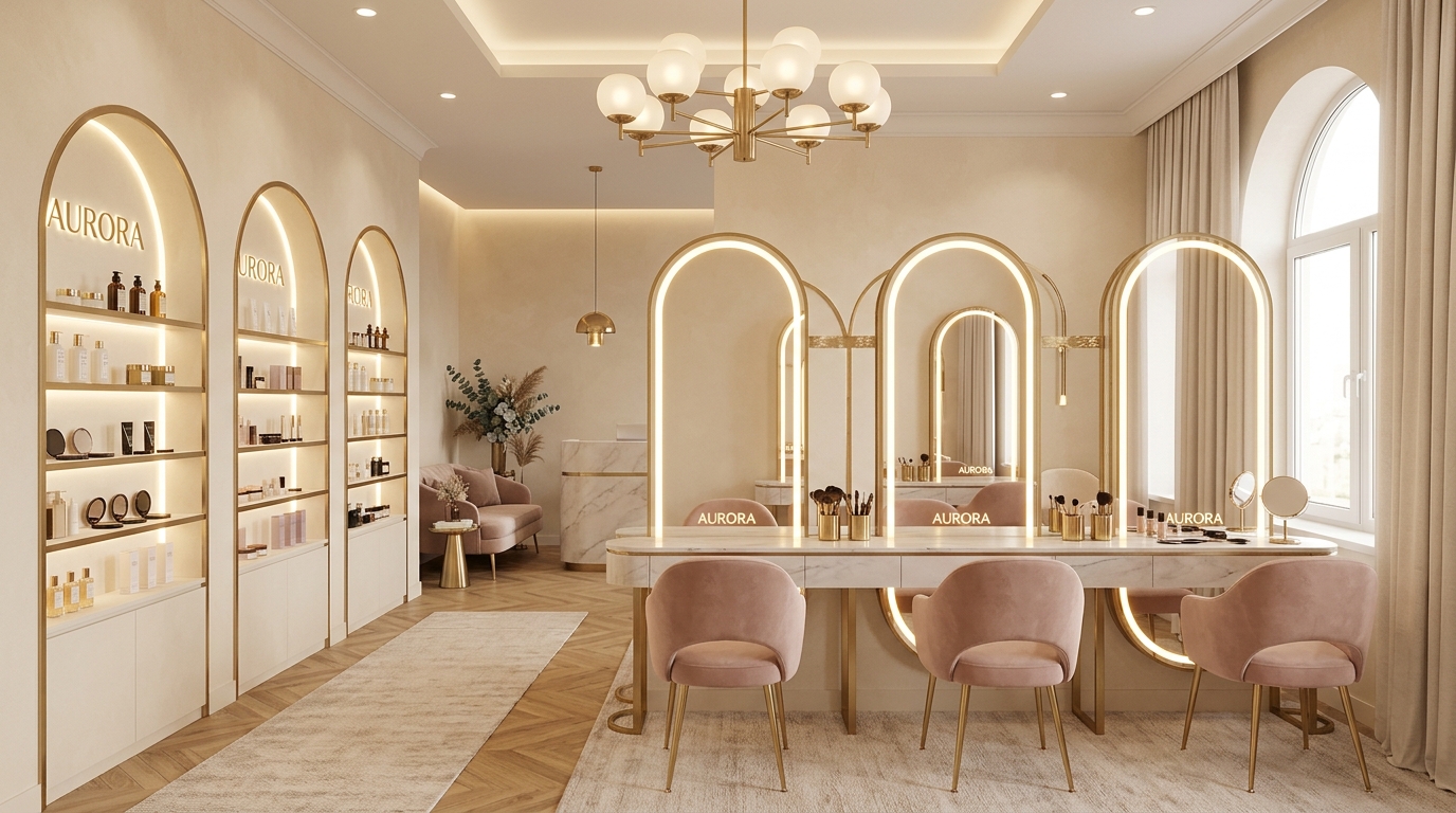 Atmospheric view of Glamorous makeup vanity and studio interior in Sarai Meer