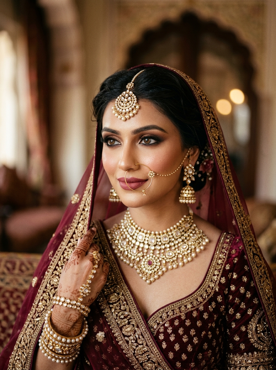 Luminous bridal portrait with glowing skin and regal accessories in Sarai Meer