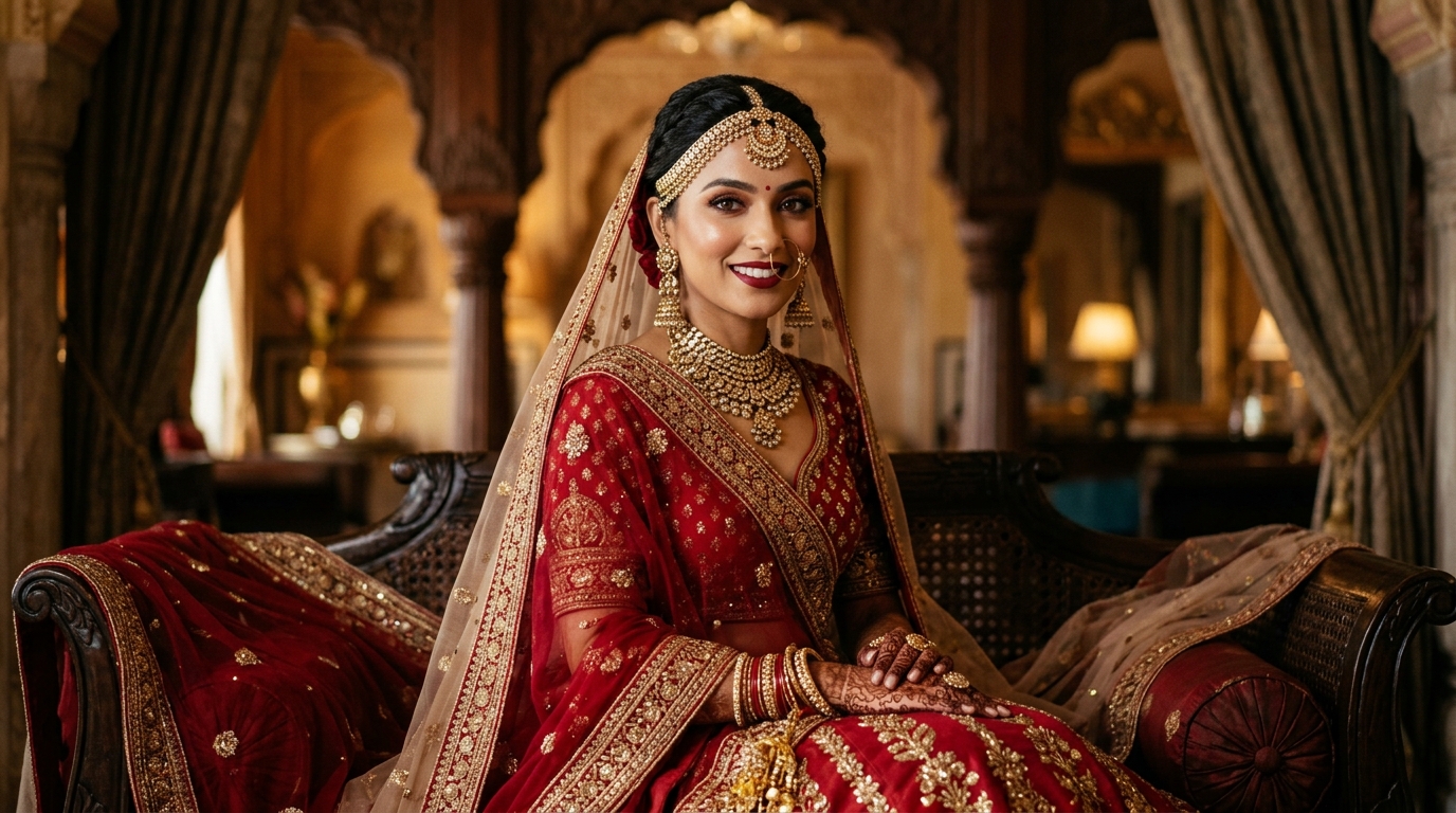 Bridal makeup artistry featuring traditional crimson red drape and gold jewelry