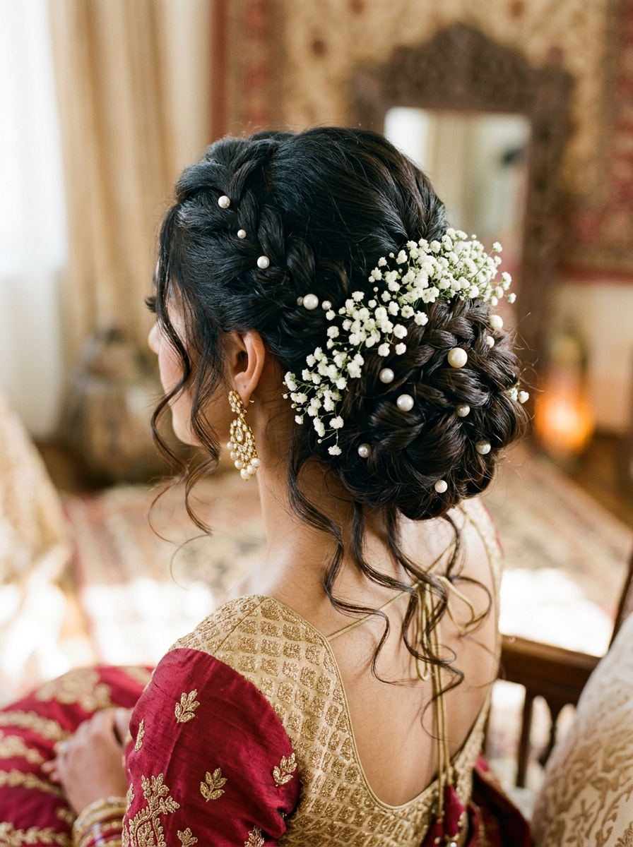 Bridal floral hair updo with romantic curls and baby's breath