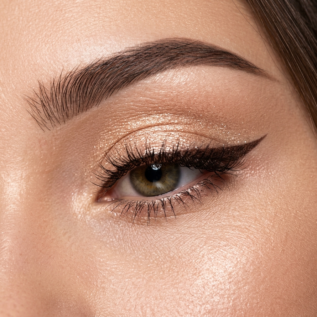 High-fashion editorial makeup featuring bold feline liner and sculpted cheekbones